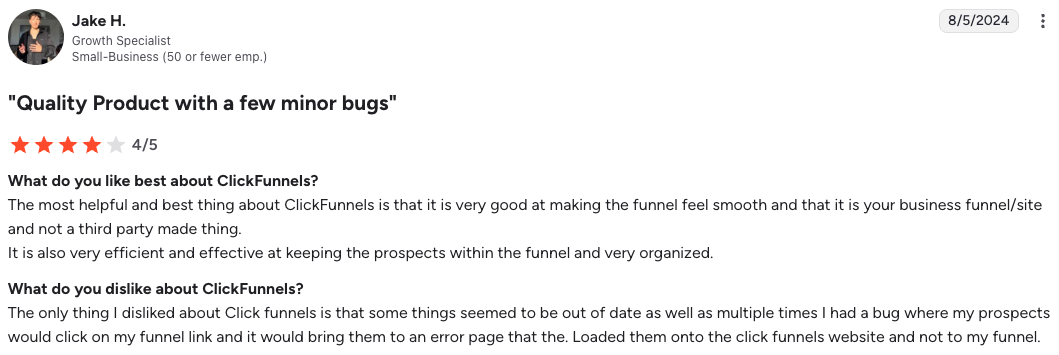 G2 review for ClickFunnels