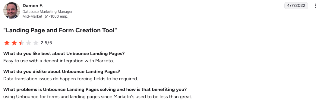 G2 review for Unbounce