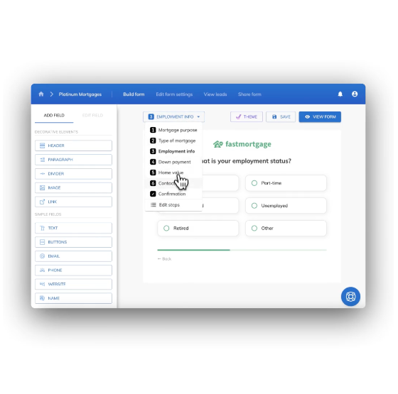 Growform multi-step form builder showing an employment status step and the available field types