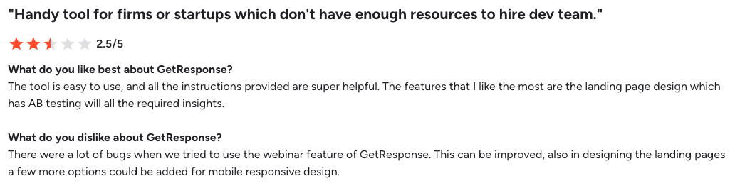G2 review for GetResponse