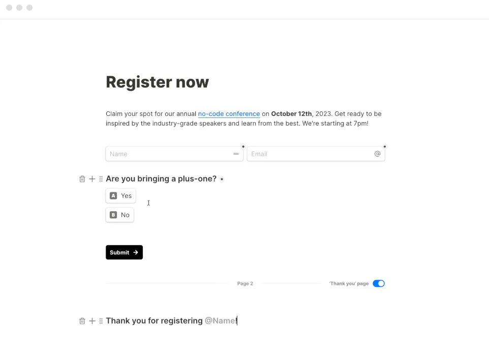 Tally form builder editing a "Register now" conference sign-up with a plus-one question and personalised thank-you page