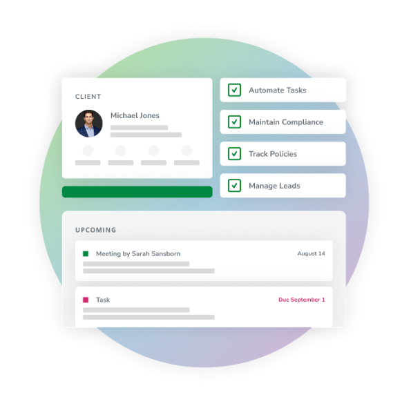 AgencyBloc dashboard with client record, task checklist and lead management for insurance lead generation