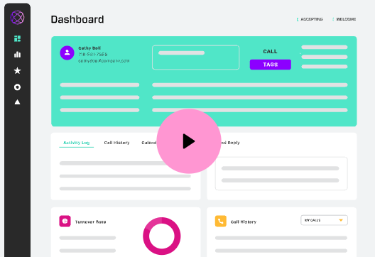 Ringy CRM dashboard with contact card, call button and activity log for insurance lead generation outreach