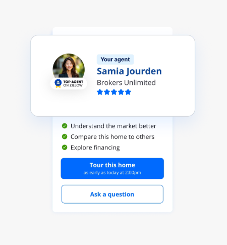 Zillow Premier Agent card with a five star agent profile and Tour this home button for real estate lead generation