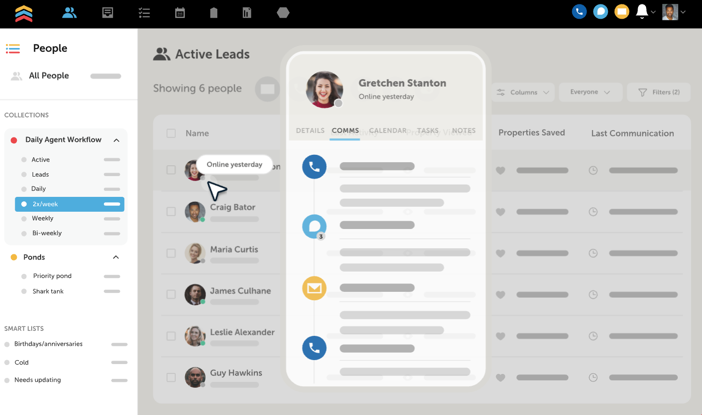 Follow Up Boss CRM with an Active Leads list and contact comms timeline for organising real estate lead generation