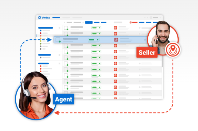 REDX Vortex dialler connecting an agent to a seller on a prospecting list, outbound real estate lead generation