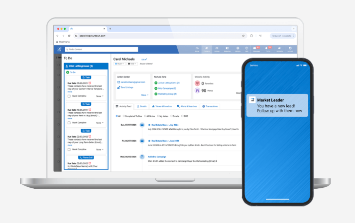Market Leader CRM contact record on a laptop with a new lead alert on mobile, bundled real estate lead generation