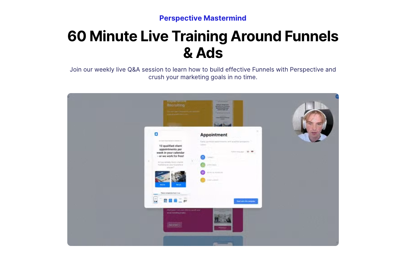 Perspective Mastermind event landing page offering a weekly 60 minute live training on funnels and ads