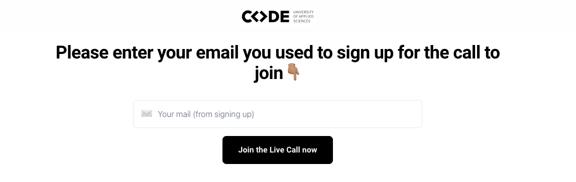 The highest converting event landing page in this set, a CODE University live call signup with one email field