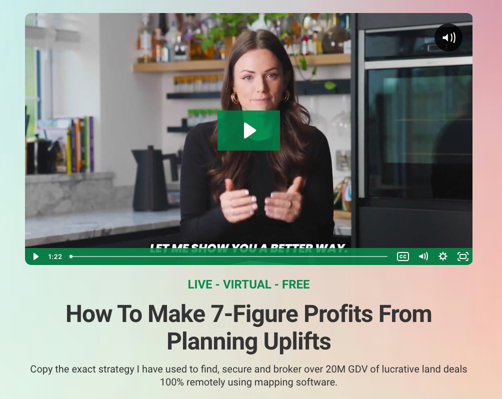 Planning uplift webinar promoted through an event landing page marked live, virtual and free above a presenter video