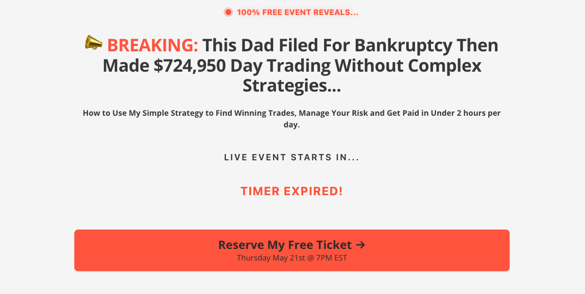 Day trading event landing page led by a bankruptcy to $724,950 headline above an expired countdown and free ticket