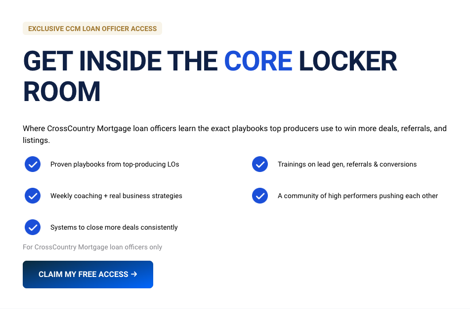 CORE Locker Room event landing page open to CrossCountry Mortgage loan officers only, listing five coaching benefits