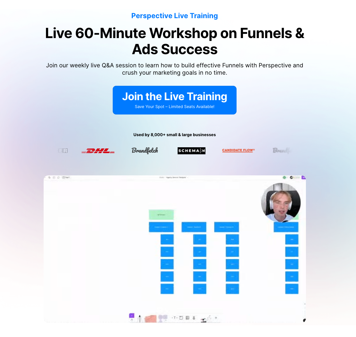 Perspective event landing page for a live 60-minute funnels workshop, trusted by 8,000+ small and large businesses