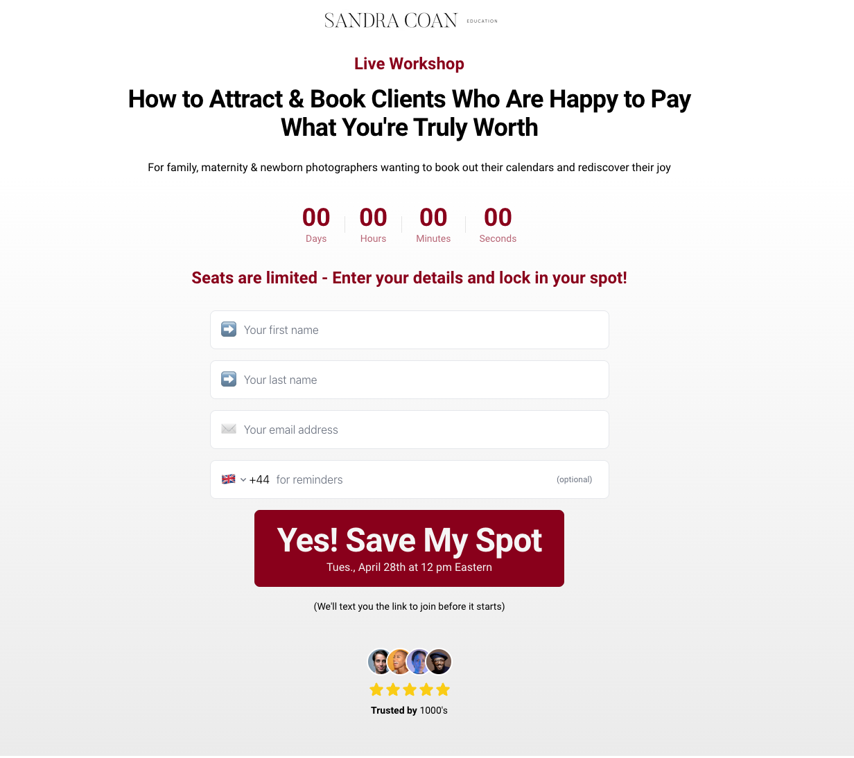 Photography workshop event landing page from Sandra Coan on booking clients who pay what you are truly worth
