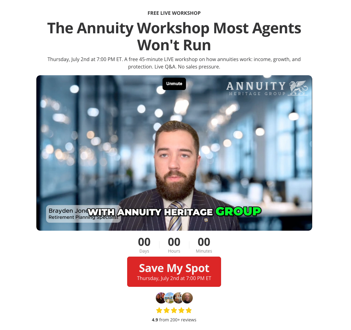 Annuity Heritage Group event landing page for a free 45-minute annuity workshop rated 4.9 from 200+ reviews