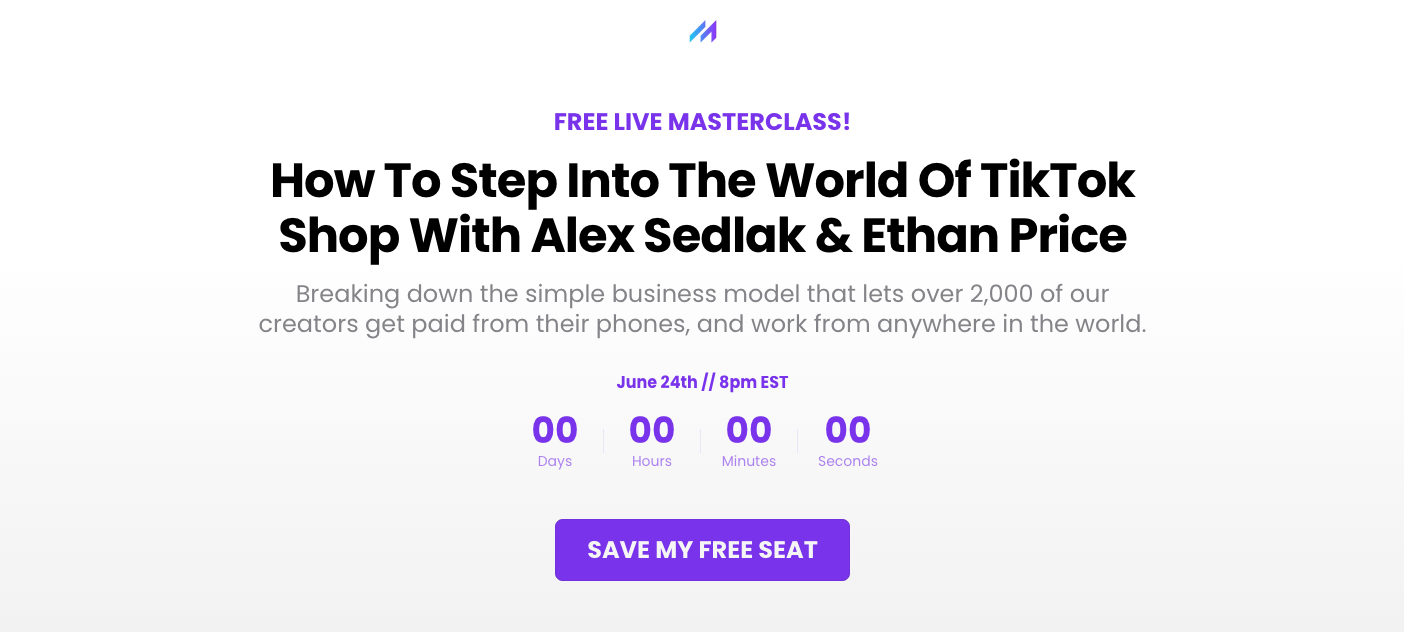 TikTok Shop event landing page for a free masterclass with Alex Sedlak and Ethan Price on 24 June at 8pm EST