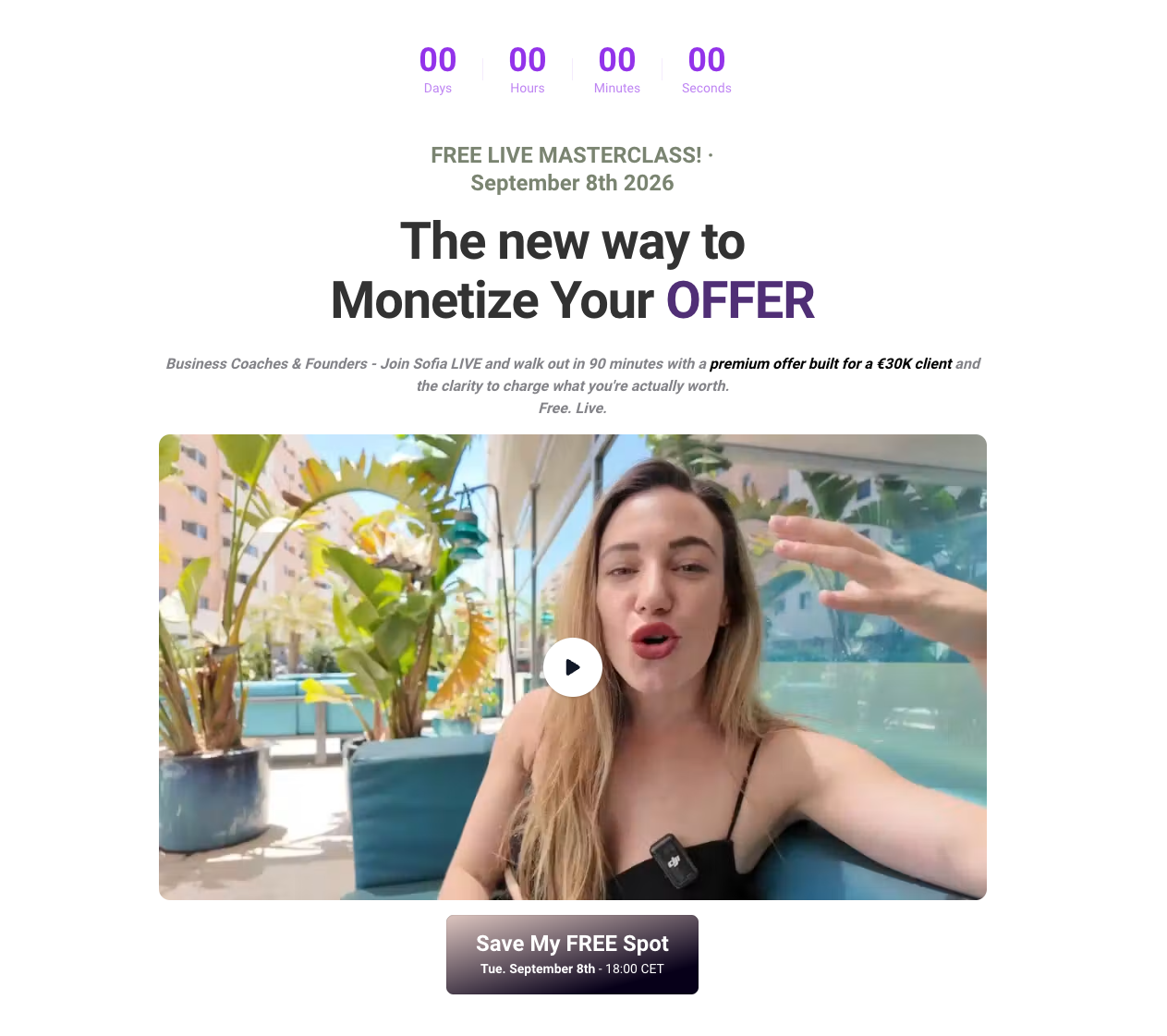 Business coaching event landing page for a free masterclass with Sofia, promising a premium offer built for a 30K client