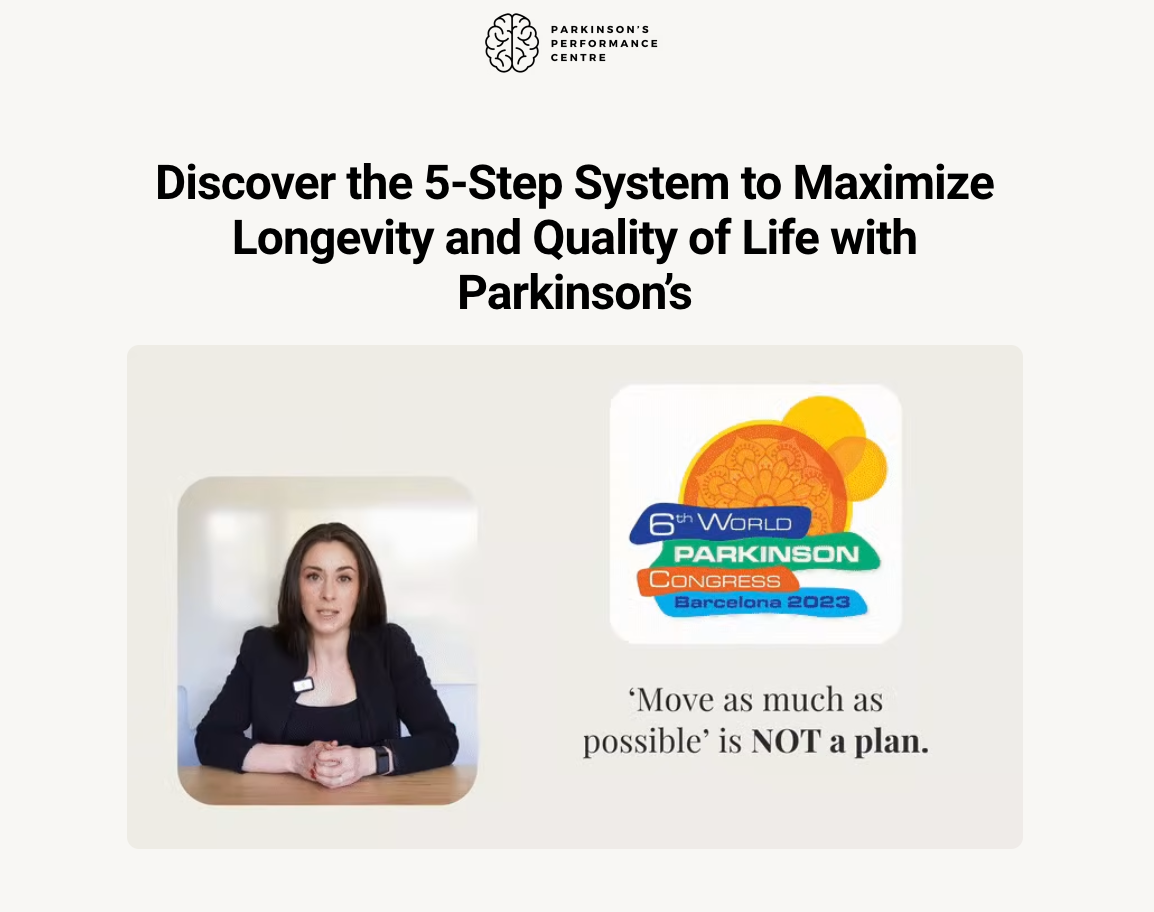Parkinsons Performance Centre event landing page for a 5-step longevity masterclass, backed by World Congress proof
