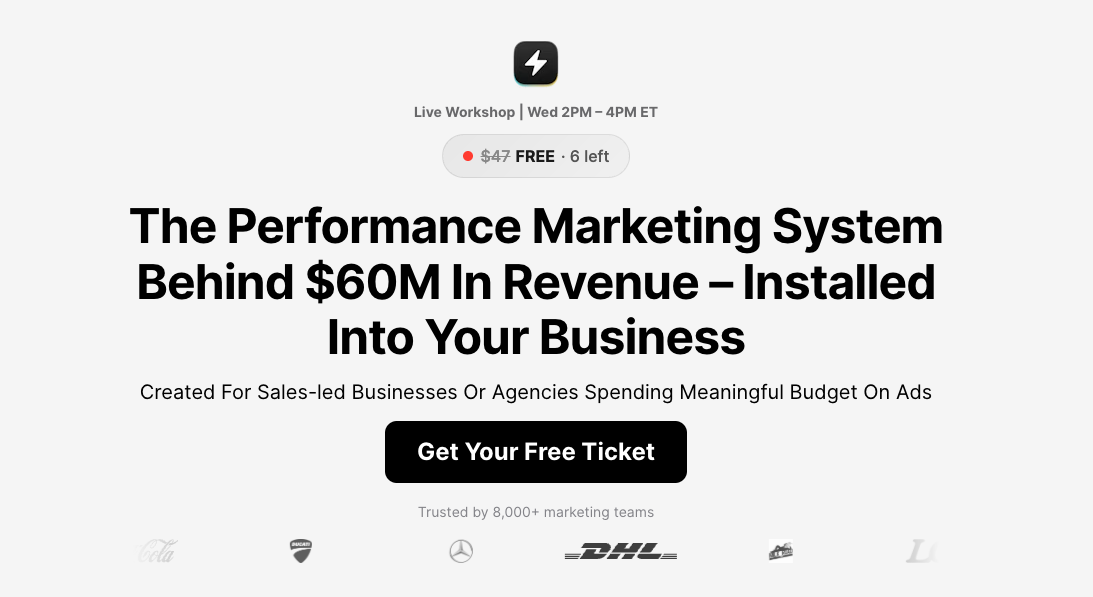 Performance marketing event landing page for a $47 workshop given free, promising the system behind $60M in revenue