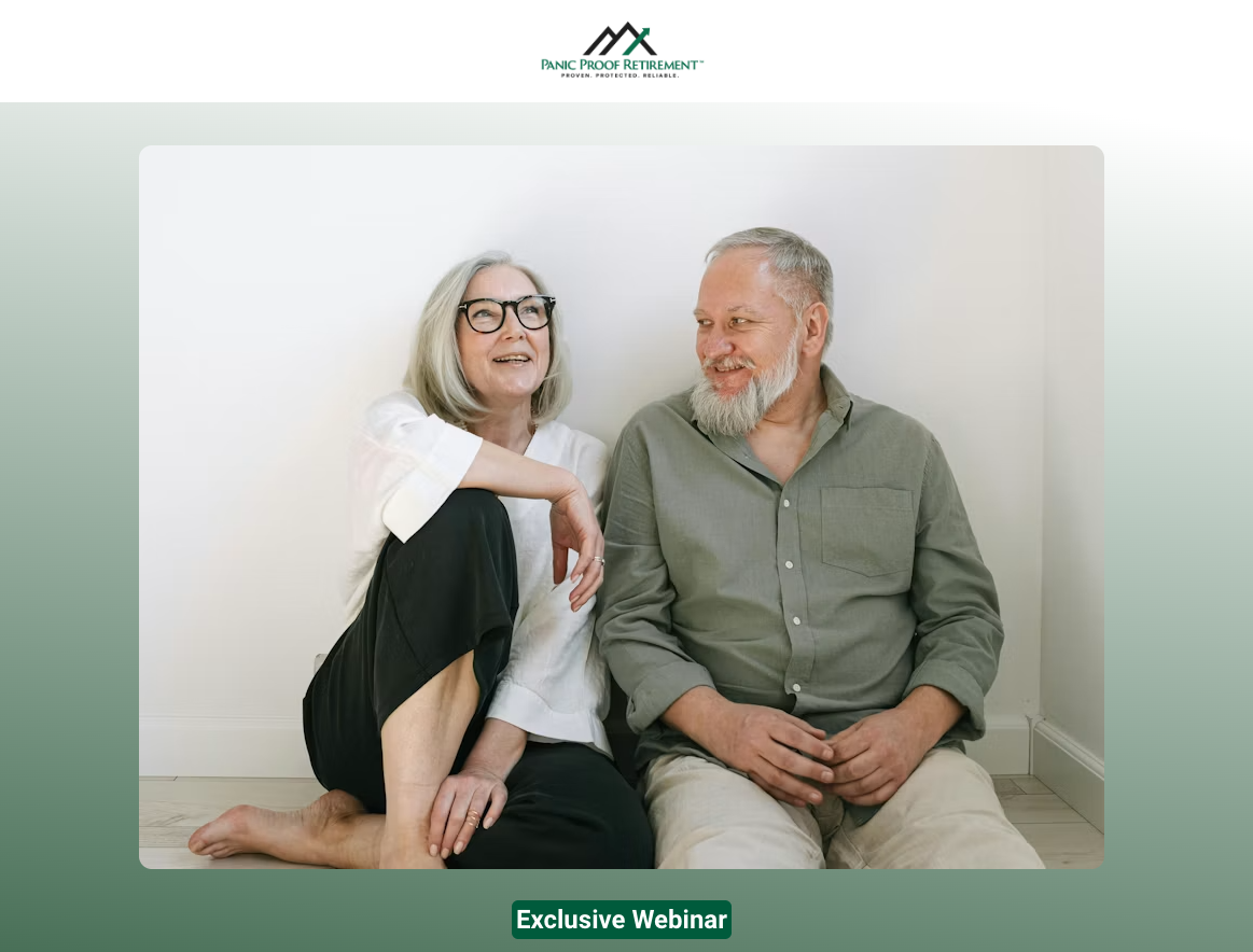 Panic Proof Retirement event landing page for an exclusive webinar aimed at couples planning retirement income