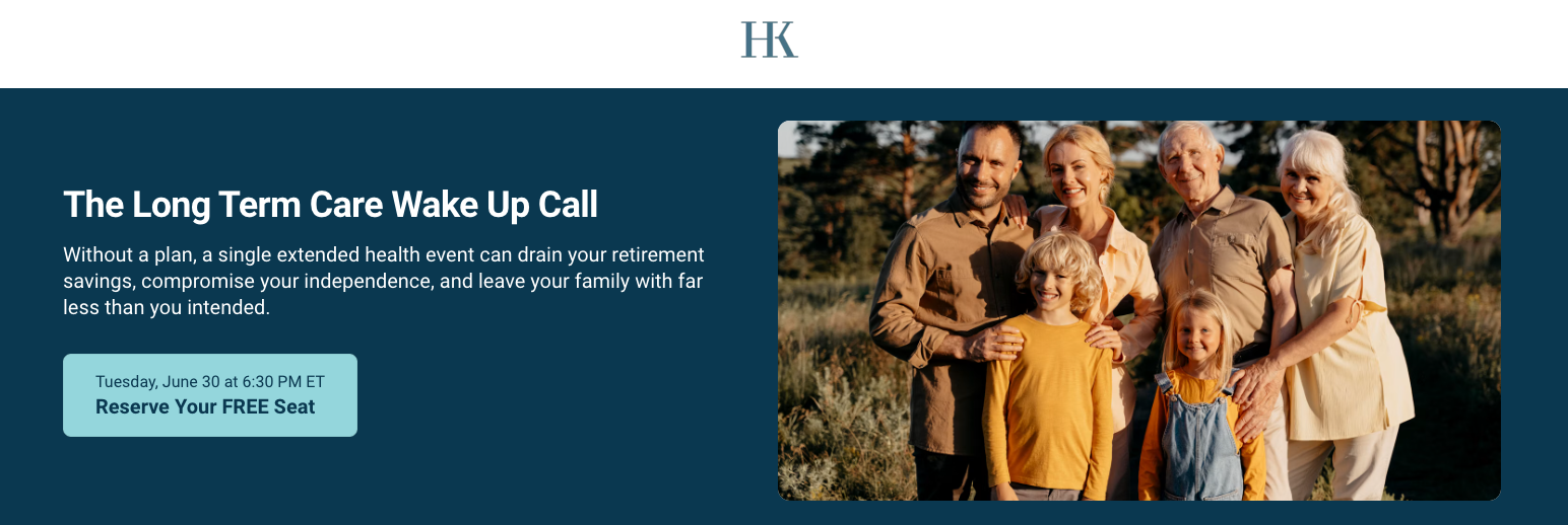 Long term care event landing page opening on what one extended health event costs a retirement, free seat 30 June