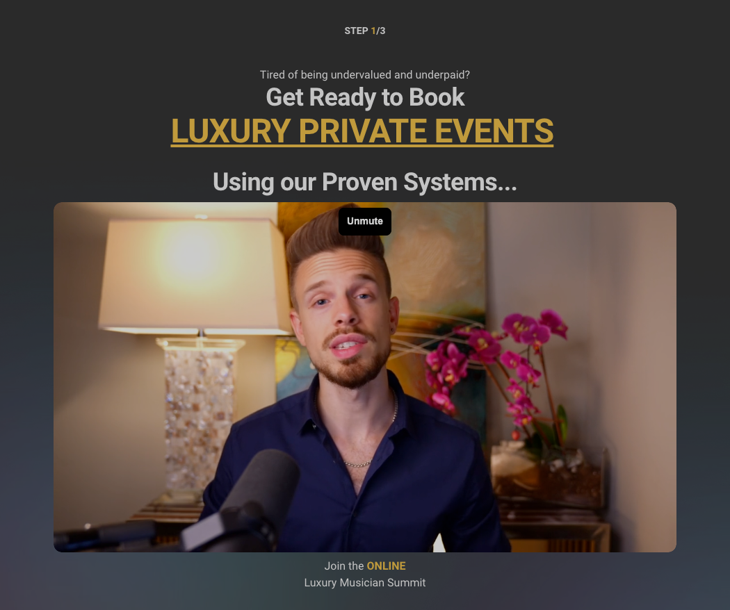 Luxury Musician Summit event landing page for musicians chasing private bookings, step 1 of 3 beside a host video