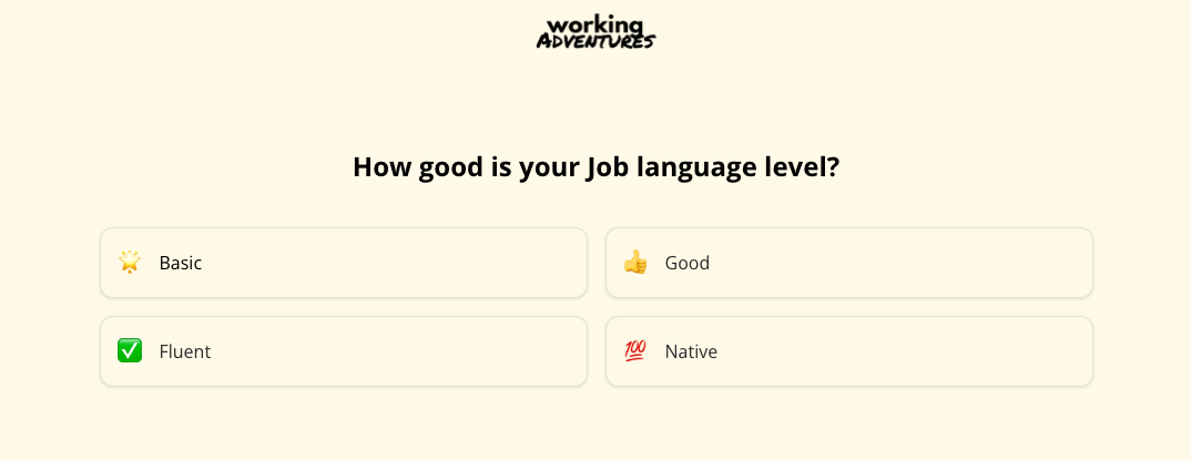 Working Adventures recruitment landing page asking job language level with Basic, Good, Fluent and Native options