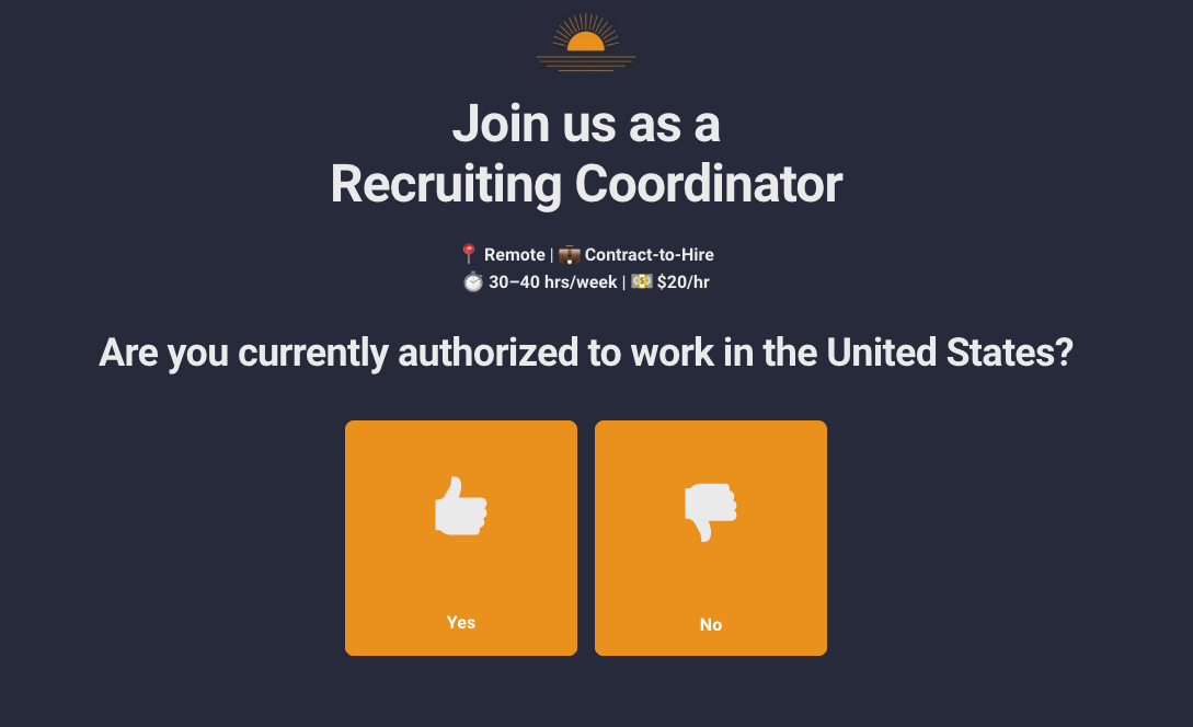 Remote Recruiting Coordinator recruitment landing page at $20/hr, opening by asking if you can work in the US