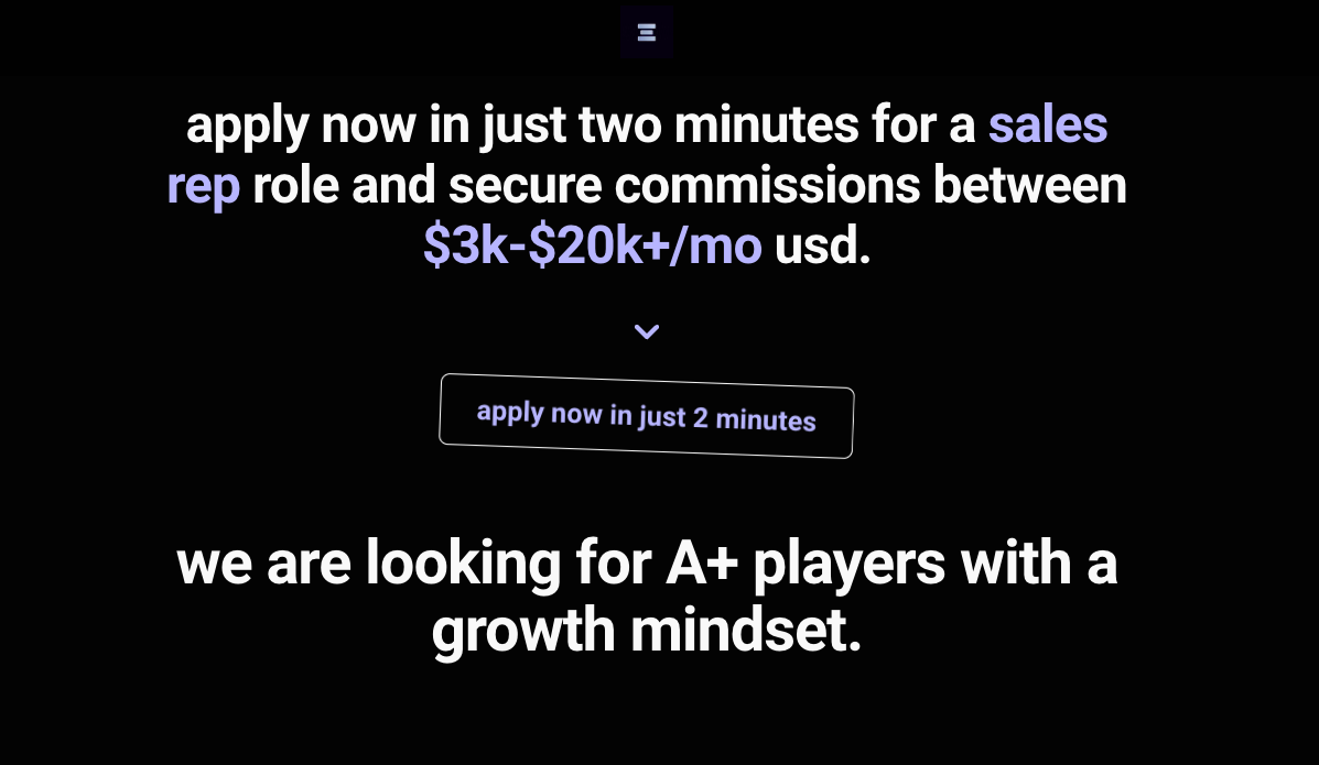 Sales rep recruitment landing page with "commissions between $3k-$20k+/mo" and a two minute apply promise