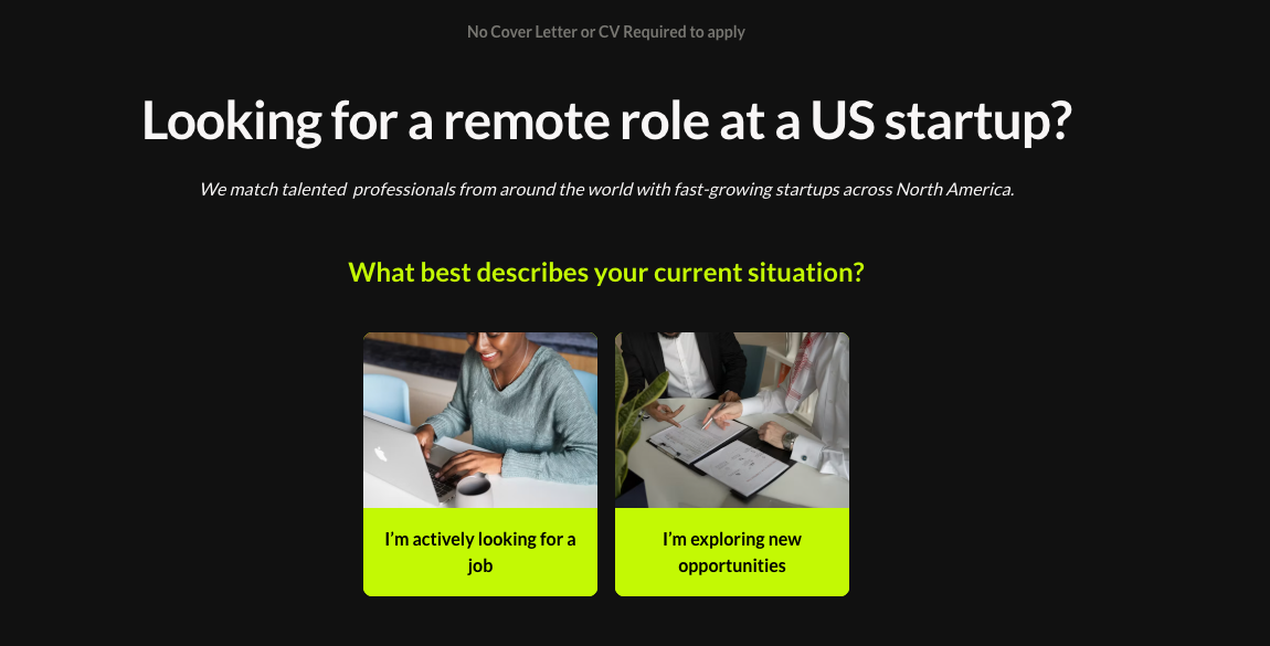 Remote support recruitment landing page headlined "Looking for a remote role at a US startup?" with no CV