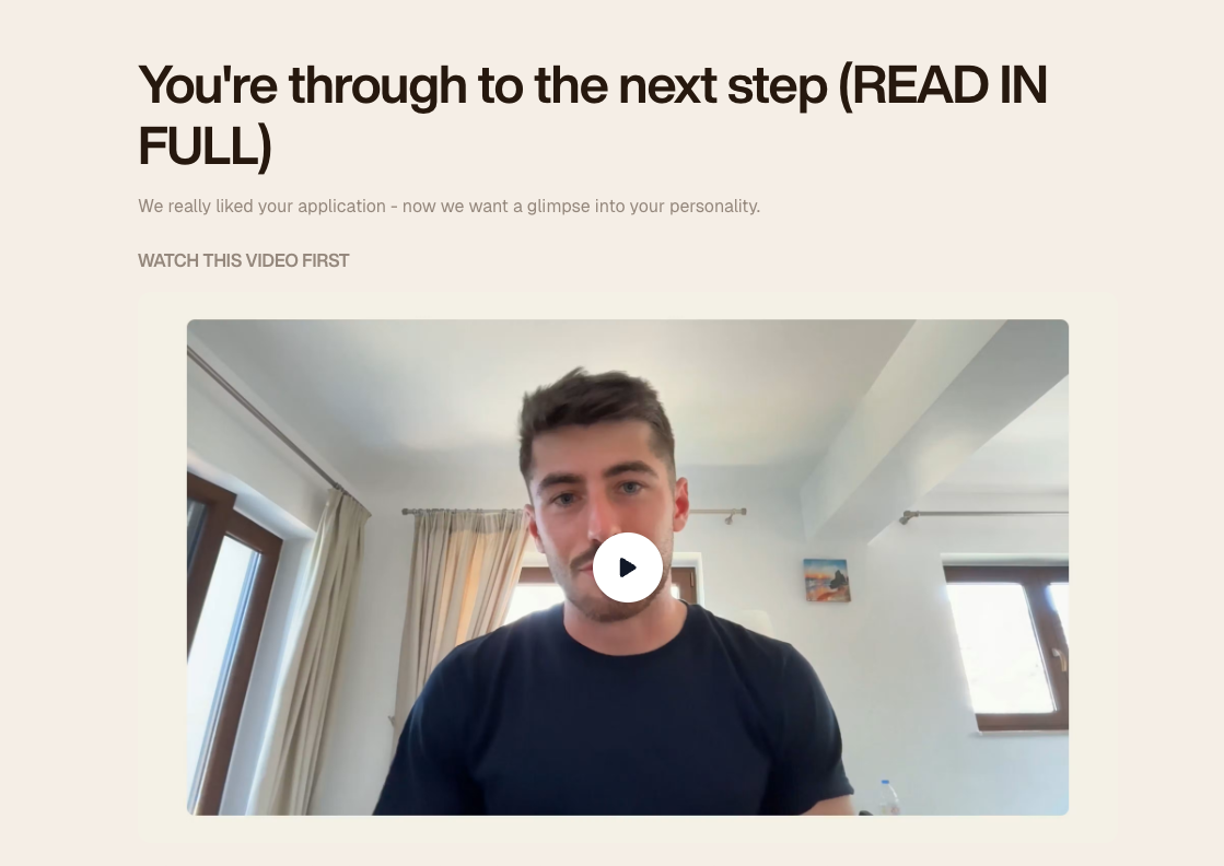 Second stage recruitment landing page telling shortlisted applicants to watch a video before recording their own