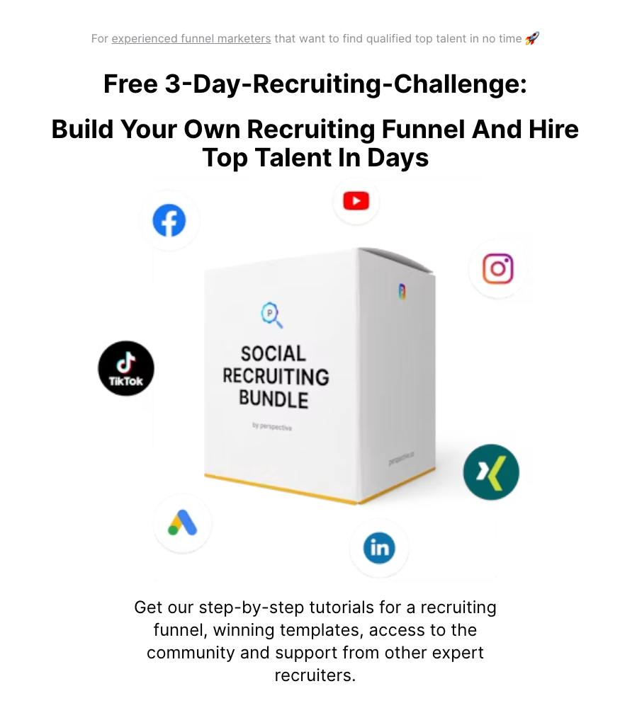 Perspective recruitment landing page for a free 3-Day-Recruiting-Challenge with a social recruiting bundle box