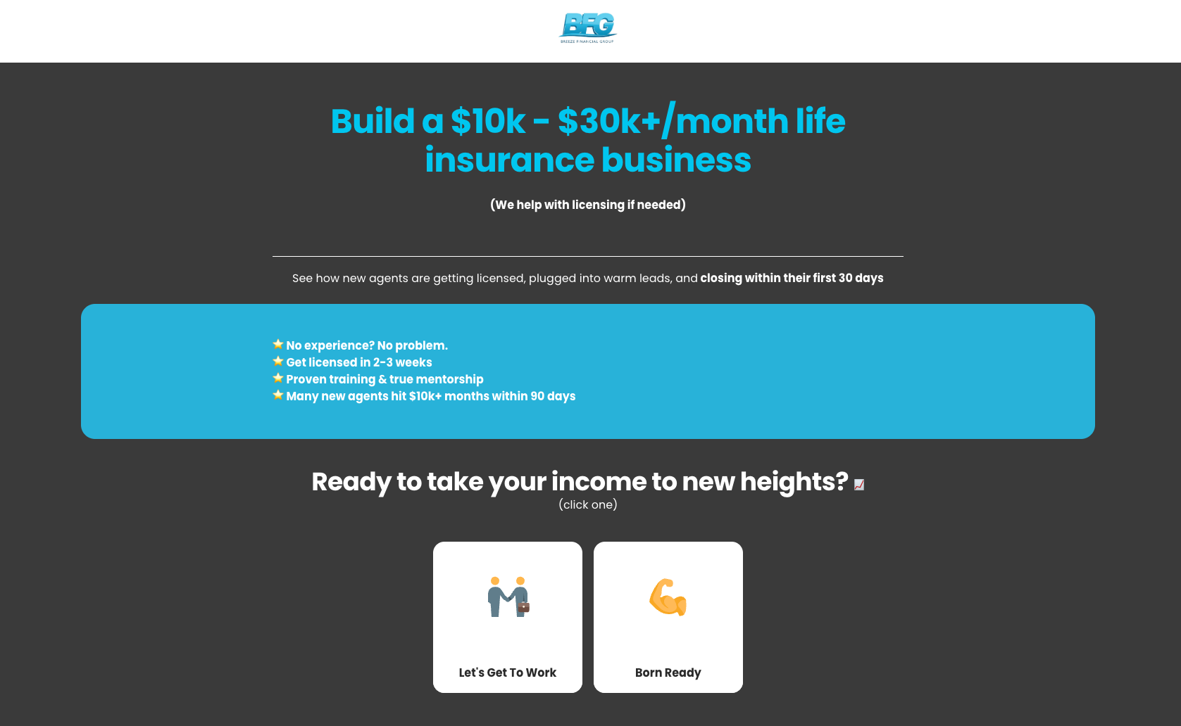 Breeze Financial recruitment landing page promising a $10k to $30k+ a month life insurance business plus licensing