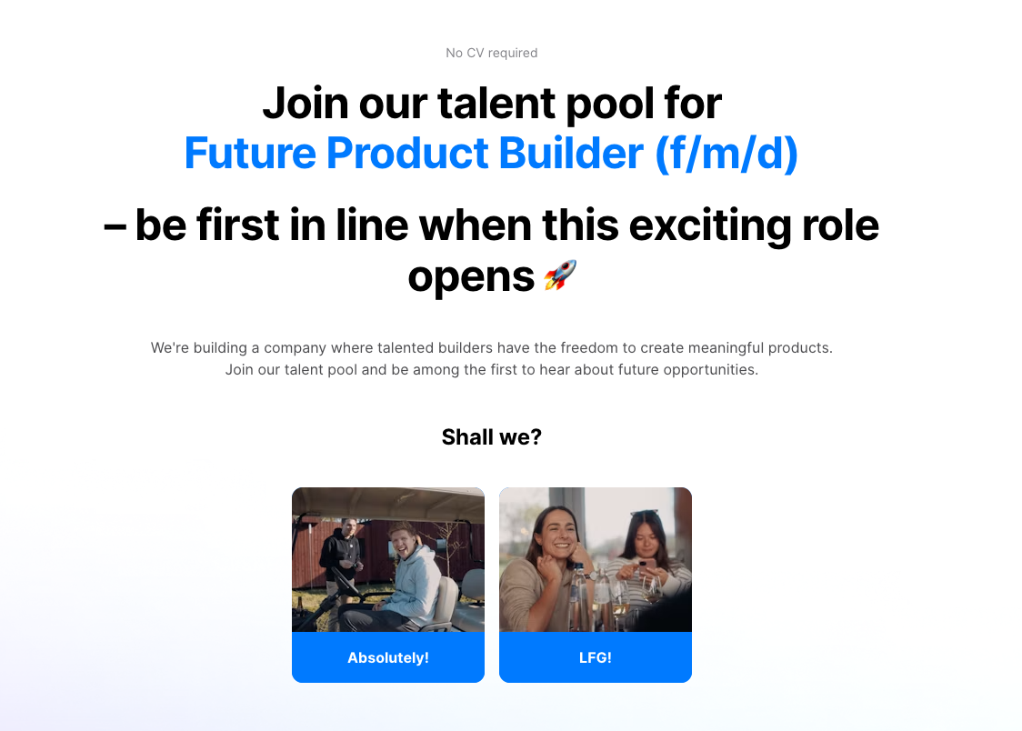 Talent pool recruitment landing page for a Future Product Builder role that has not opened yet, no CV required