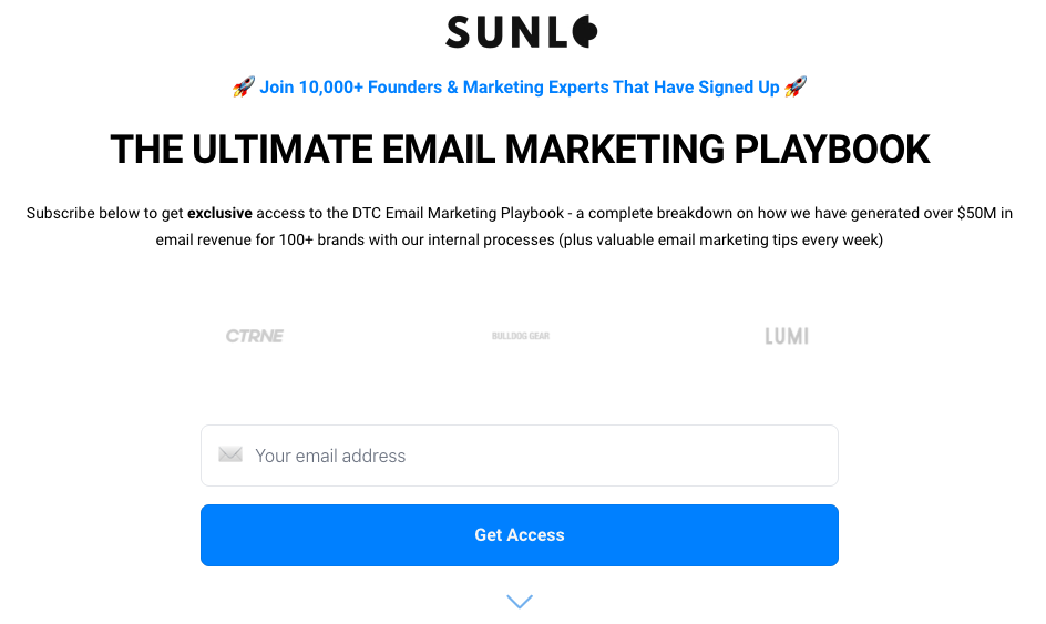Sunlo email marketing playbook page converting at 53%, the strongest of these B2B landing page examples