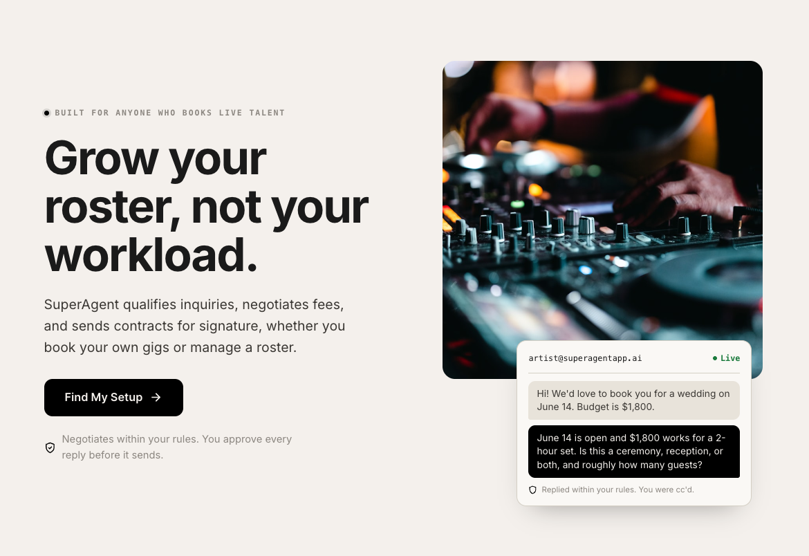 SuperAgent booking page showing a live fee negotiation, one of the B2B landing page examples at 13%