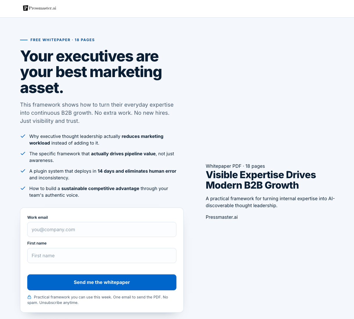 Pressmaster free 18-page whitepaper offer at 12%, the leanest of these B2B landing page examples