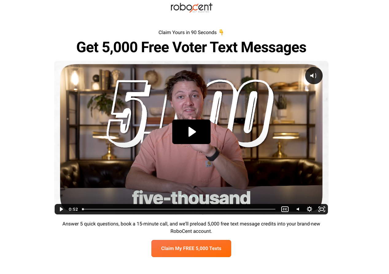 RoboCent offer of 5,000 free voter texts at 10%, the free-trial pick among these B2B landing page examples