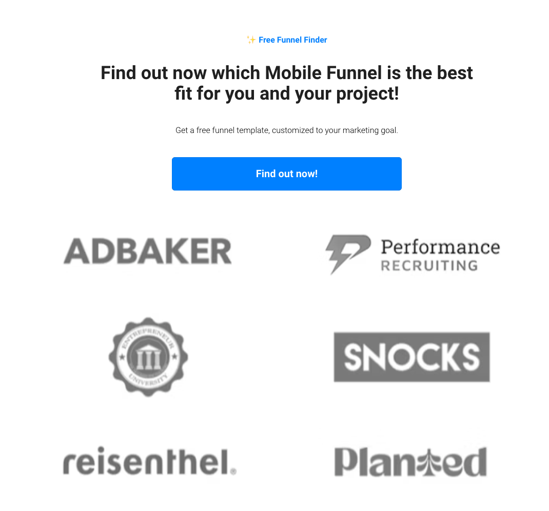 Free Funnel Finder quiz offering a customized funnel template, the 39% top performer in these SaaS landing page examples