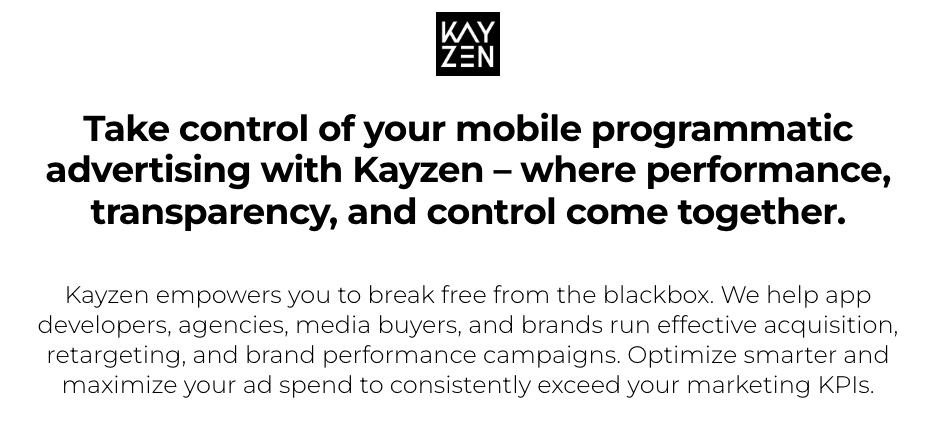 Kayzen hero pitching control over mobile programmatic ad spend, at 37% the runner-up in our SaaS landing page examples