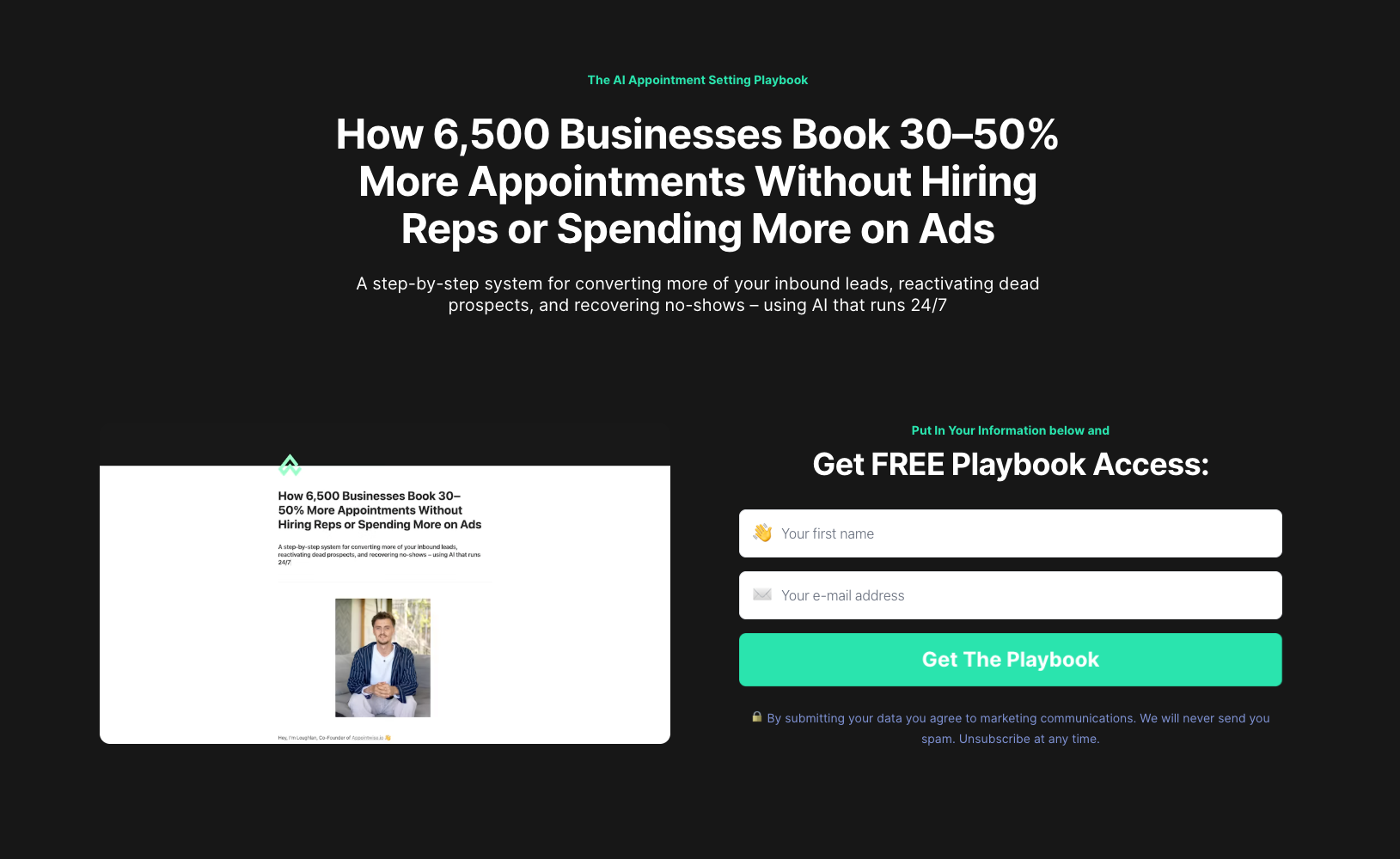 Appointwise playbook citing 6,500 businesses booking 30-50% more appointments, at 34% in these SaaS landing page examples