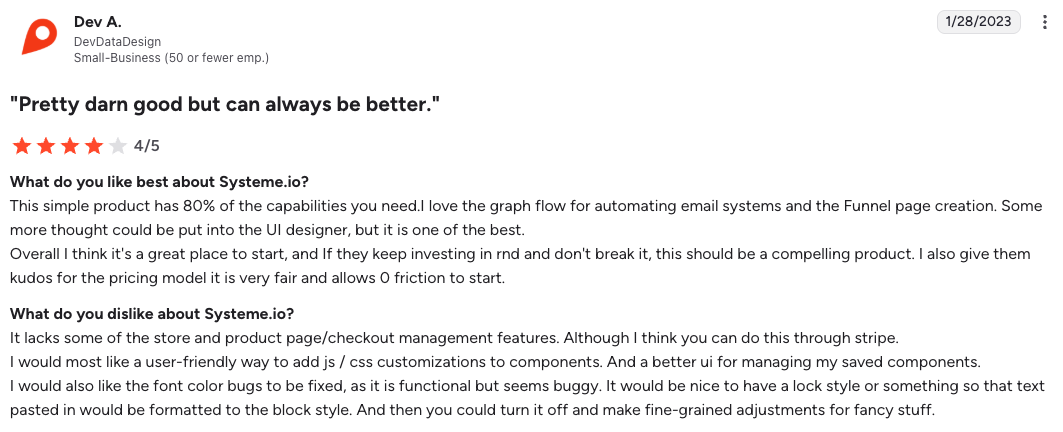 G2 review for Systeme.io