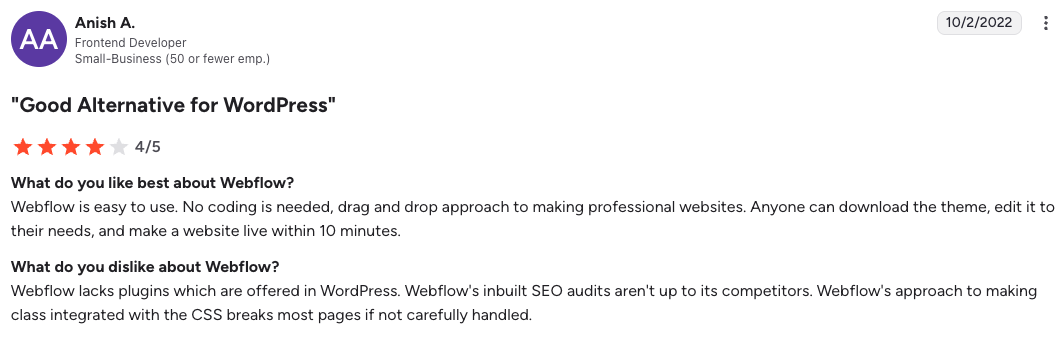 G2 review for Webflow