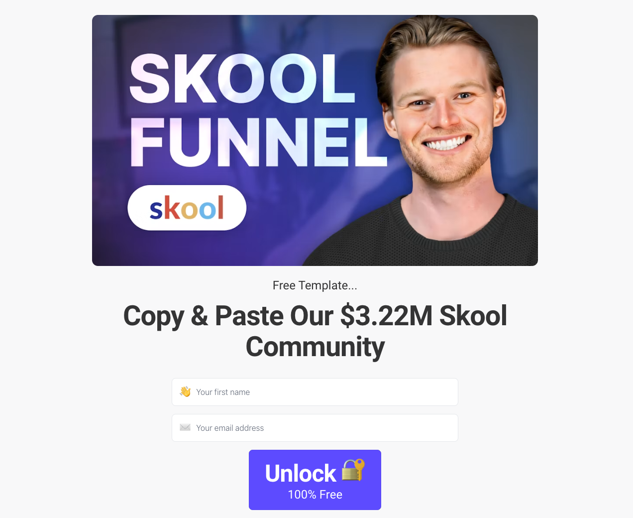 Skool funnel template page reading "Copy & Paste Our $3.22M Skool Community", a B2B landing page example