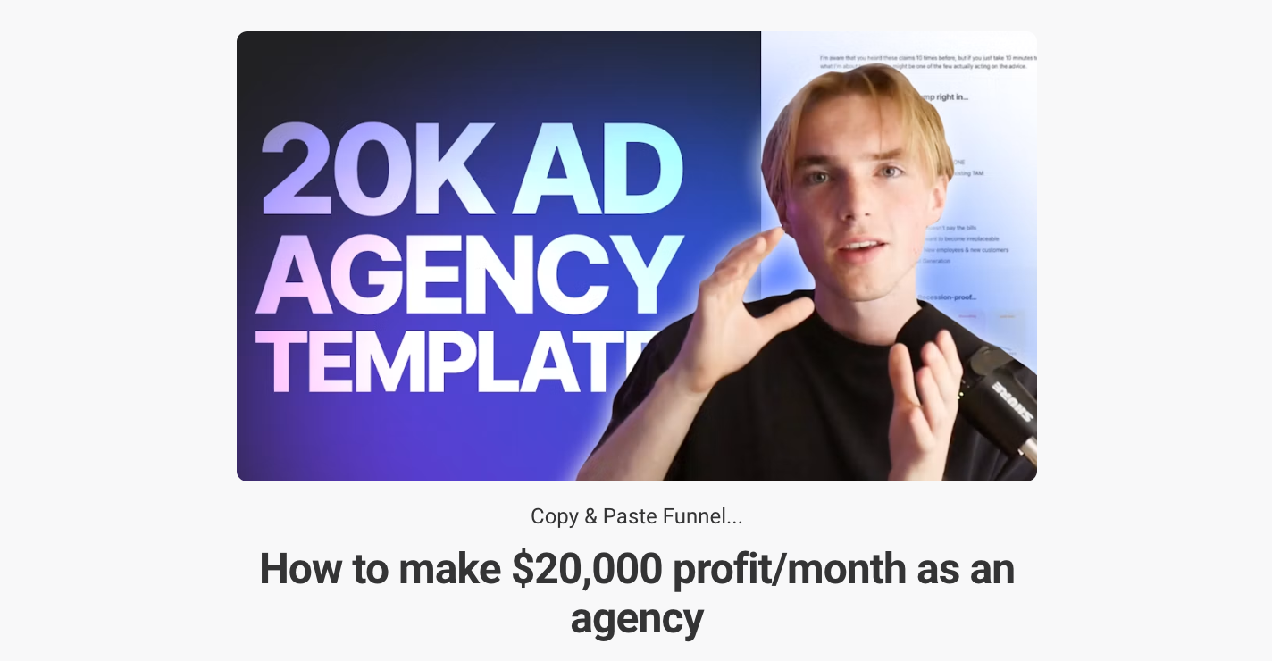 Agency funnel page with a video CTA, headline "How to make $20,000 profit/month as an agency", B2B landing page example