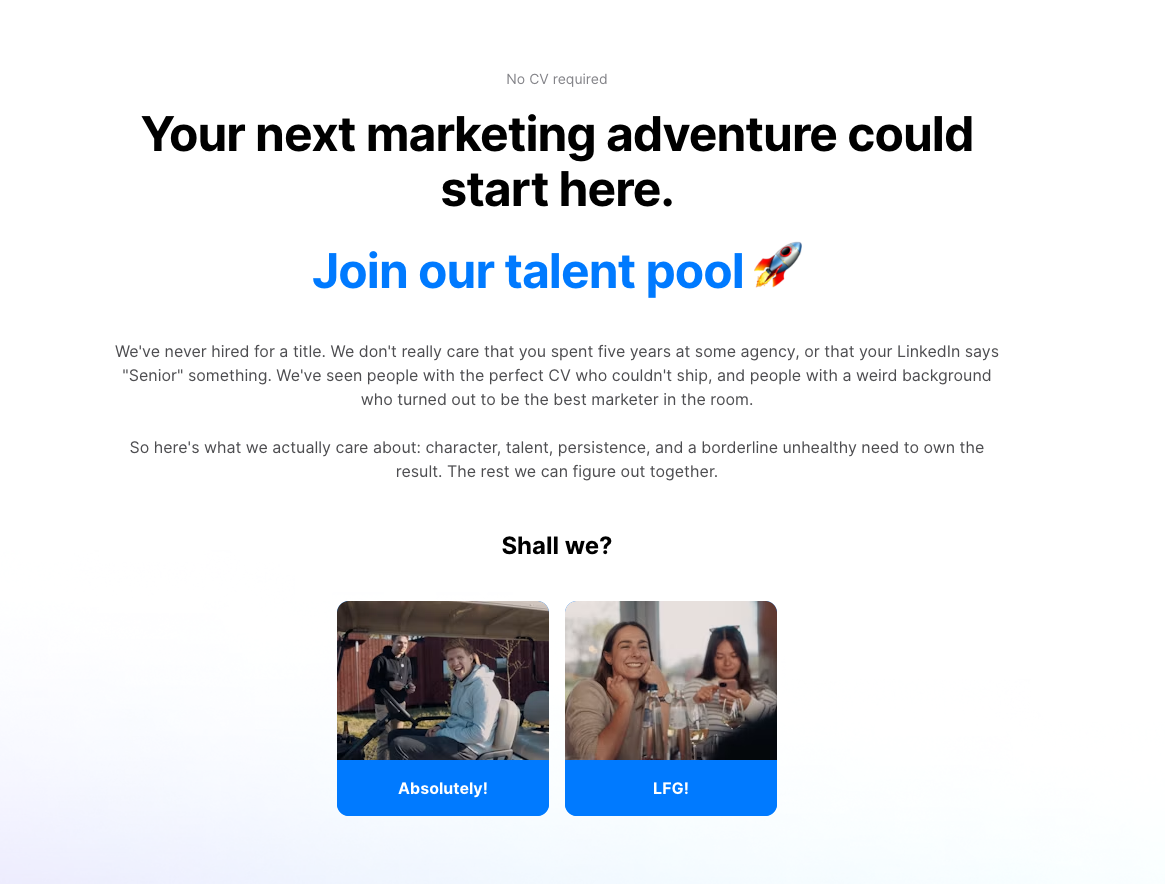 Perspective recruitment landing page reading "Your next marketing adventure could start here" with No CV required