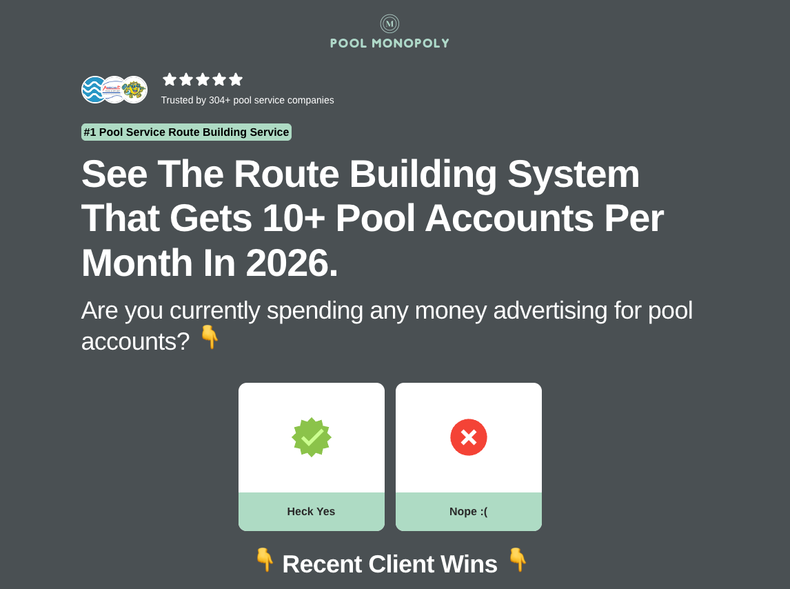 Pool Monopoly B2B landing page asking "Are you currently spending any money advertising for pool accounts?"