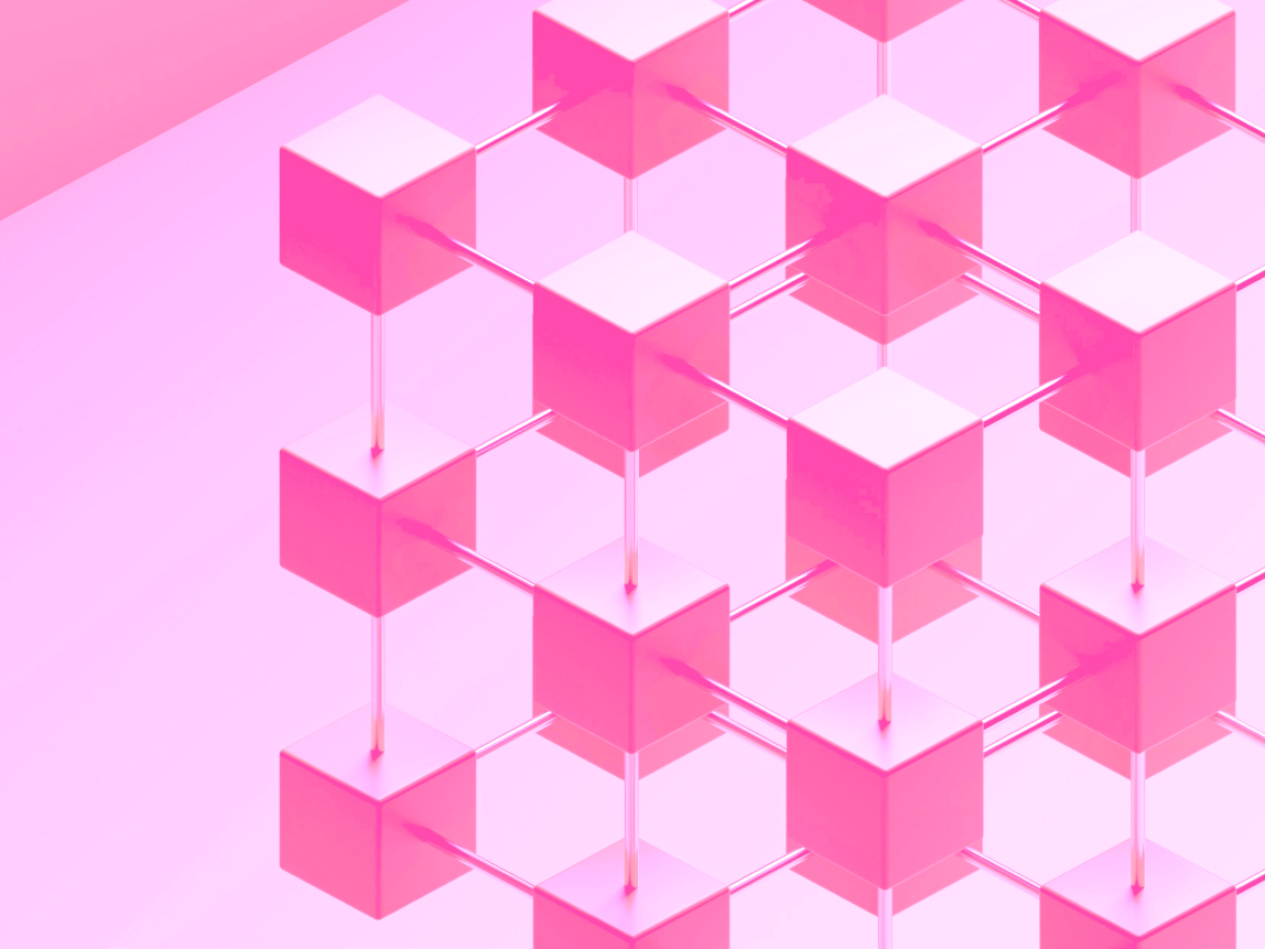 Abstract 3D pink cubes connected by rods, symbolizing blockchain.