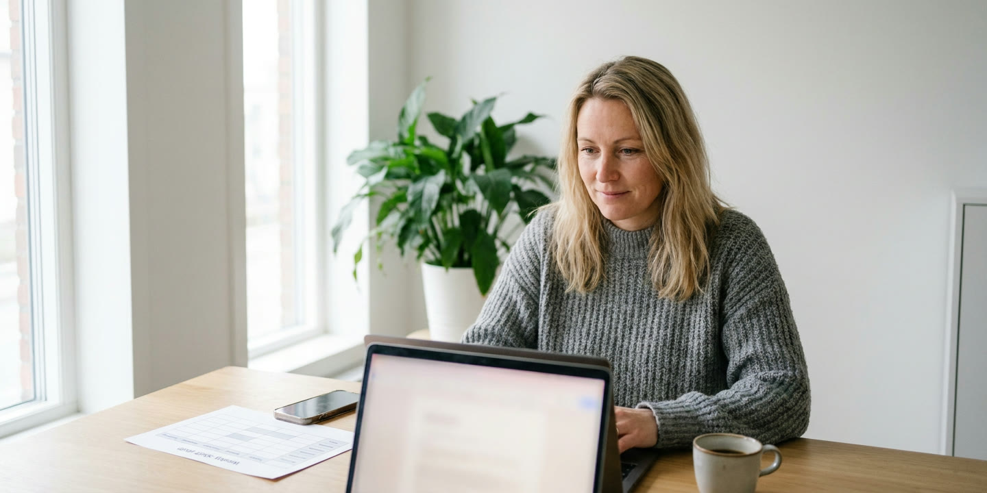 A staffing coordinator working on a laptop in a bright Nordic office