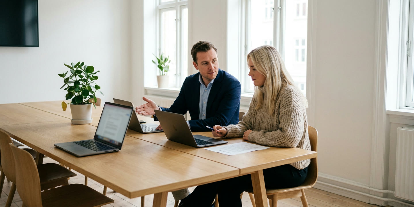 Two recruitment consultants comparing laptops at a meeting table in a Nordic office